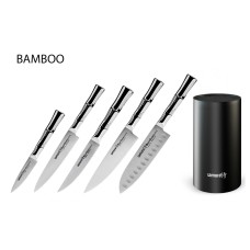 Набор из 5-ти ножей Samura Bamboo овощной, универсальный 150 мм, для стейка, шеф, сантоку 137 мм и черной подставки