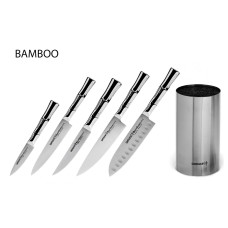 Набор из 5-ти ножей Samura Bamboo овощной, универсальный 150 мм, для стейка, шеф, сантоку 137 мм и подставки